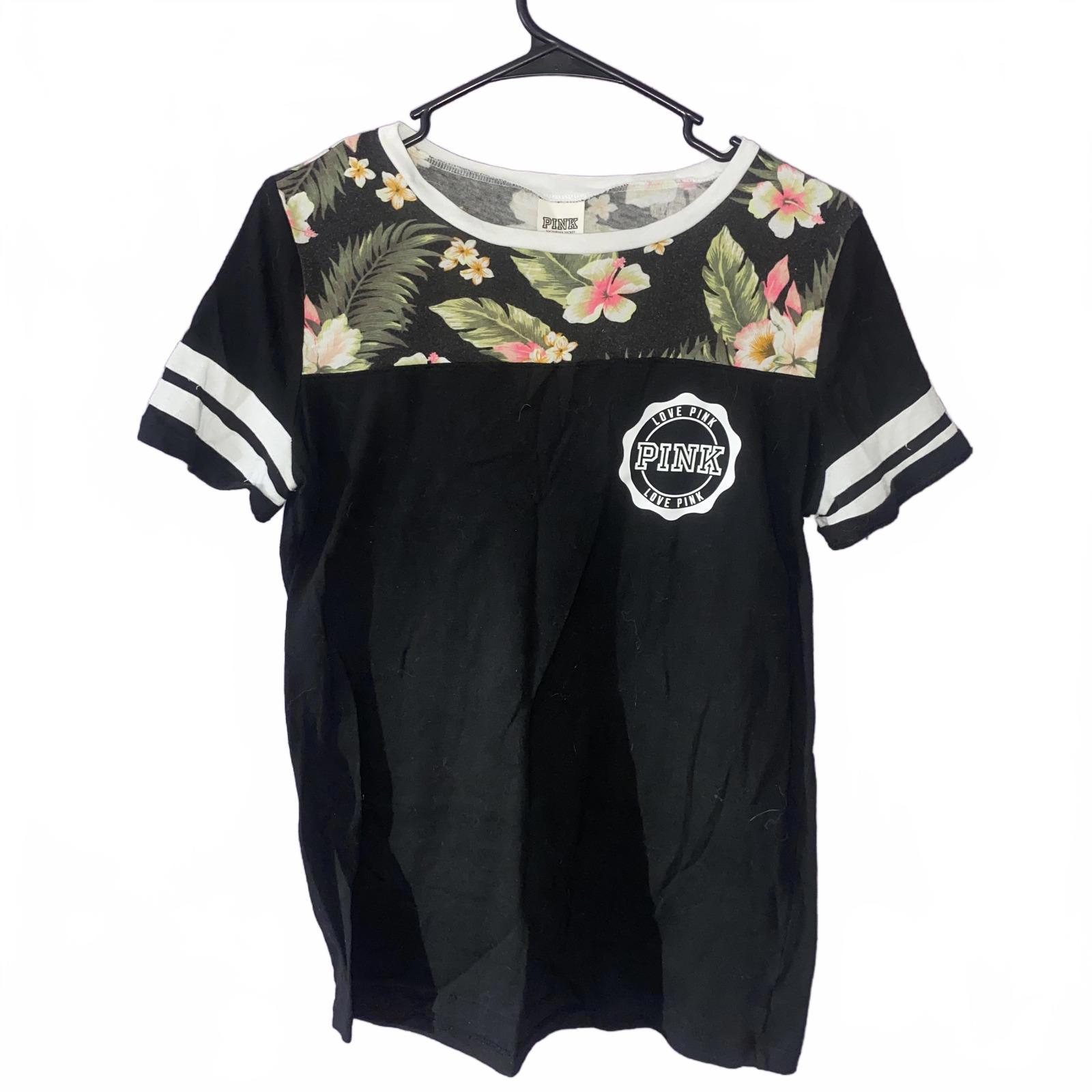 Vs Pink Black Tee Floral Yoke Varsity Stripes Logo Graphic Womens S Casual Y2k